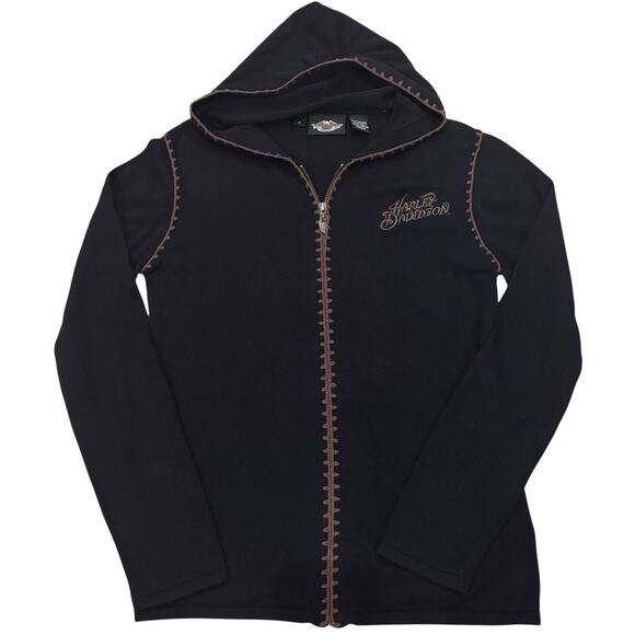 Harley Davidson Black Cotton Full Zip Hoodie Sweater Medium Brown Back Graphic - Picture 2 of 6